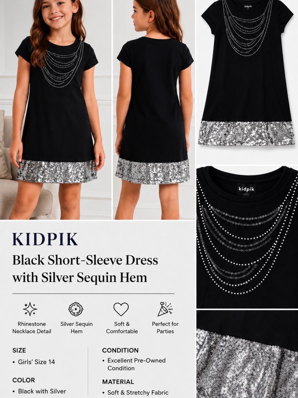 kidpik Black Short-Sleeve Dress with Silver Sequin Hem